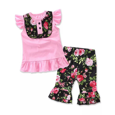 Black Floral & Pink Shorts Set