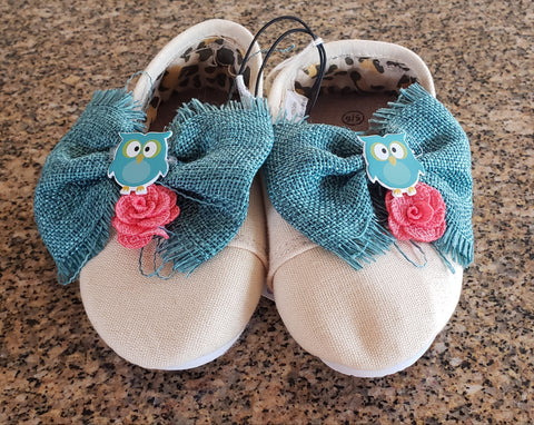 Little Girls Shoes with Burlap Bow and Owl