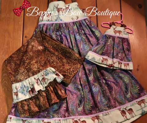 Deer Dress/Jumper, Pants, & Doll Dress Set