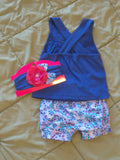 Royal Blue Floral Embroidered Shorts Set